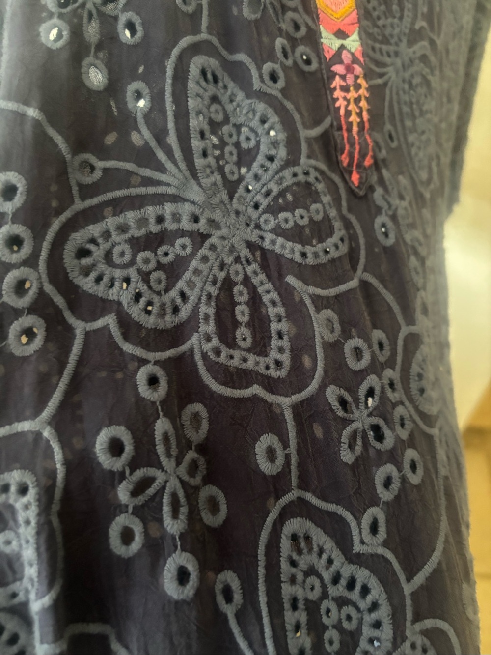 Johnny Was Navy Embroidered Eyelet V-Neck Tunic - Picture 6 of 6